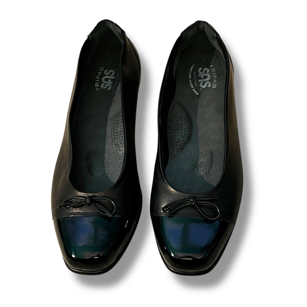 SAS Coco Ballet Flats Cap Toe Bow Black Leather Tripad Size 9 Classic Comfort